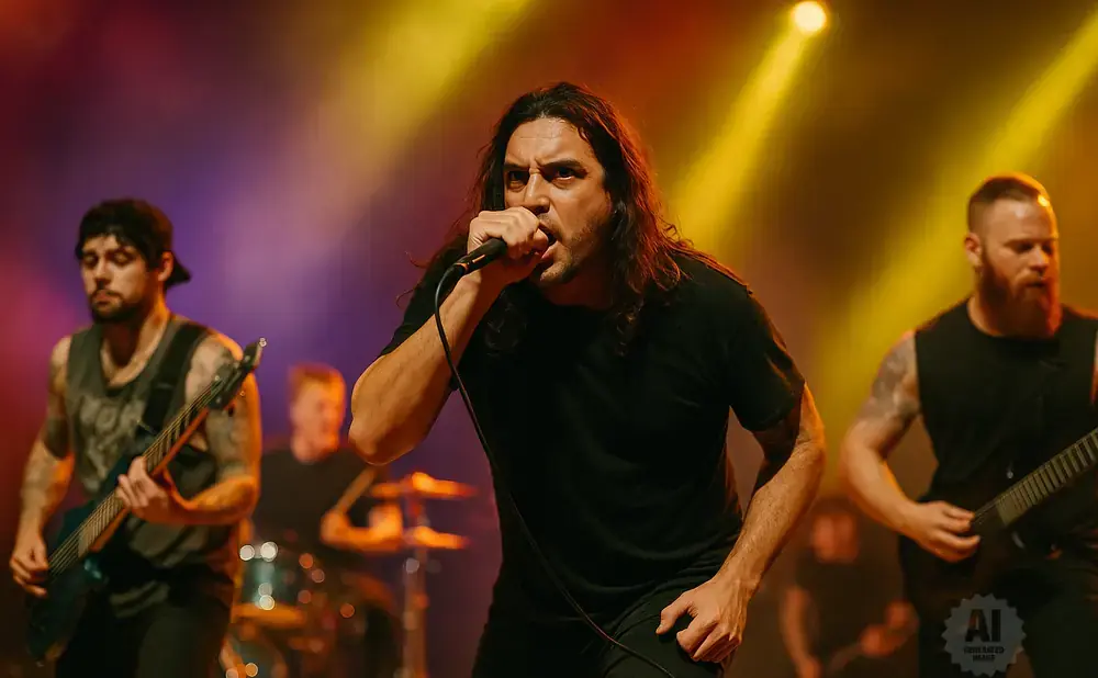 A male singer with long, dark hair, wearing a black t-shirt, sings into a microphone on stage with a band.