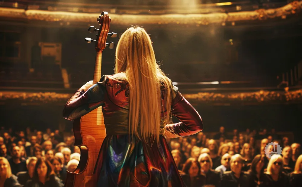Cellist with long blonde hair on stage, holding cello, faces a dimly lit audience.