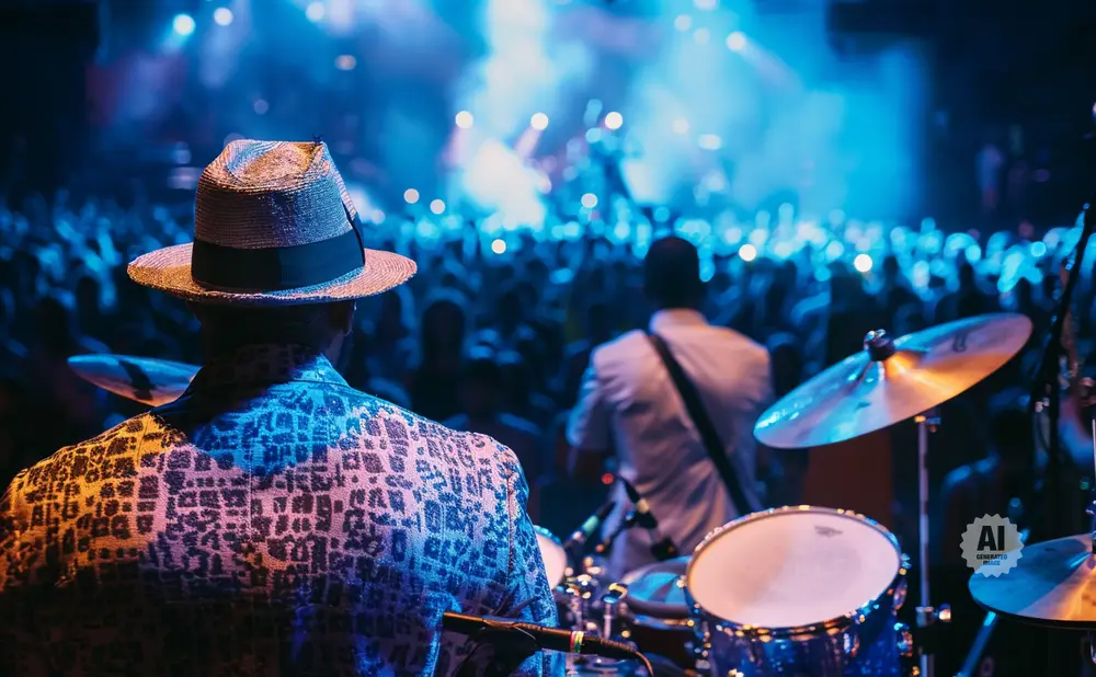 Musicians playing drums on stage with a blue-lit crowd in the background.