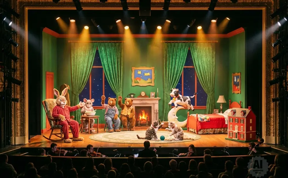 A stage set with animal characters in a bedroom scene, featuring a rabbit, mice, bears, cats, a cow, a bed, and a dollhouse.