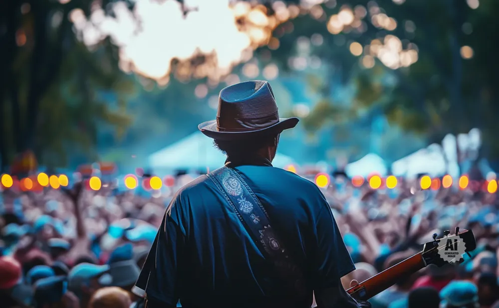 A musician with a fedora and guitar plays for a crowd at an outdoor concert.
