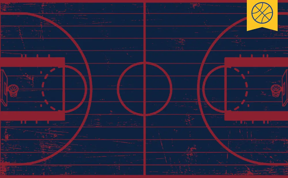 A basketball court with red lines and a distressed navy blue background. A yellow banner with a basketball is in the upper right corner.