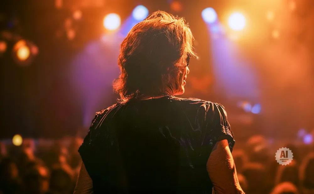 A person with short, dark, messy hair stands on a stage, facing away from the camera, bathed in warm, orange and purple stage lights.