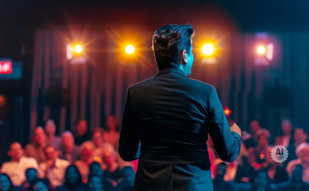 A man in a suit faces away from the camera on a stage, speaking to a blurred audience.