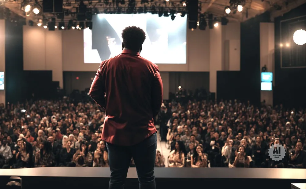 A speaker in a red shirt addresses a large, seated audience from a stage.