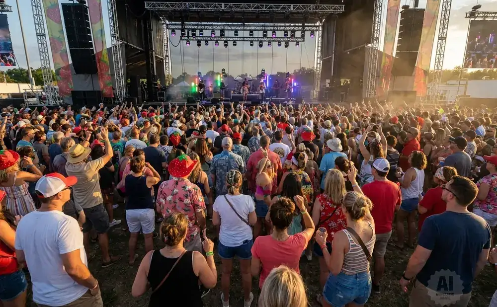 Large crowd of people at an outdoor concert, facing a stage with performers.