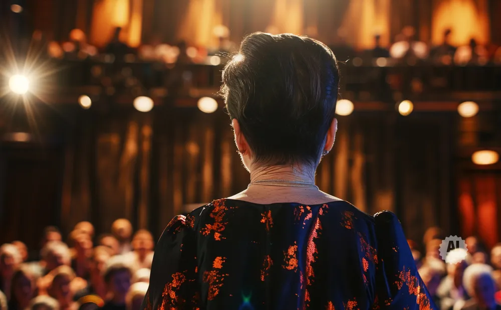 Woman in sequined dress on stage facing an audience, with spotlighting from above.
