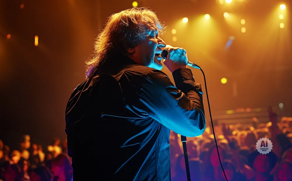 Singer performs passionately into a microphone on a brightly lit stage with a crowd cheering below.