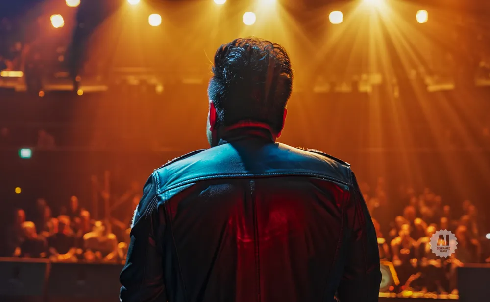 Man in leather jacket on stage with spotlight and audience.