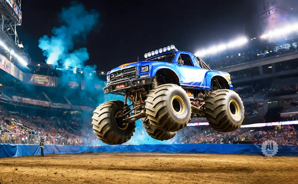 A blue monster truck jumps over a dirt track with stadium seating and lights in the background.