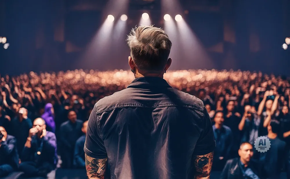 Man with tattoos on arms faces a large cheering crowd under stage lights.