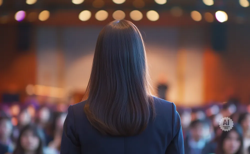Back view of a woman with long dark hair in a navy blazer, speaking to an audience in a softly lit room.
