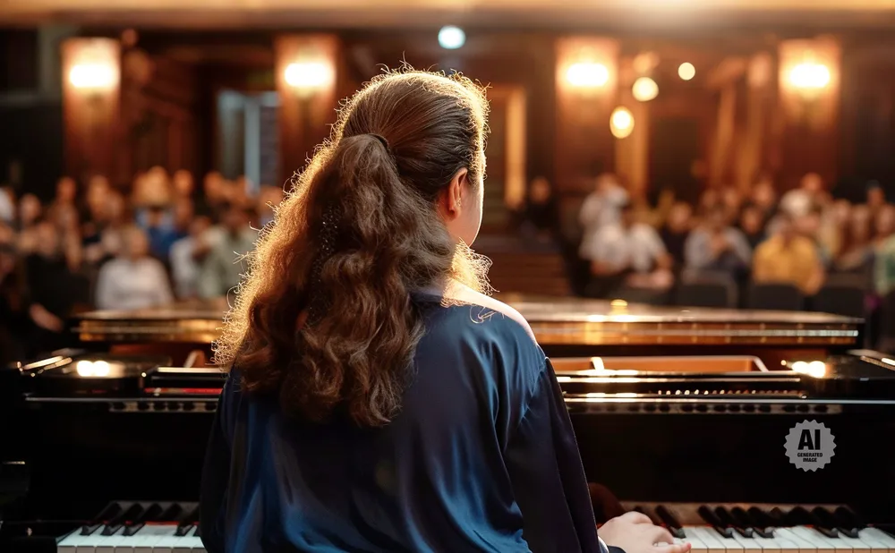 A person plays the piano for an audience in a dimly lit hall.
