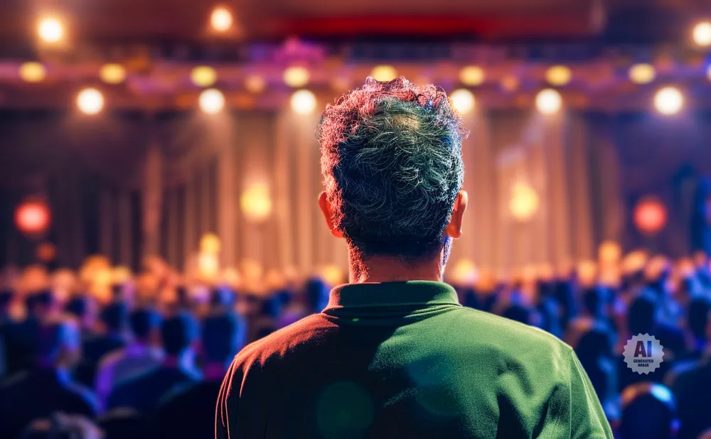 Back of a man's head, facing a blurred audience in a venue with warm lighting.