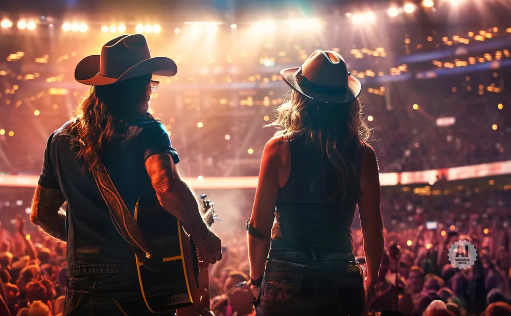 Two country musicians in cowboy hats perform on stage with a cheering crowd and bright lights.