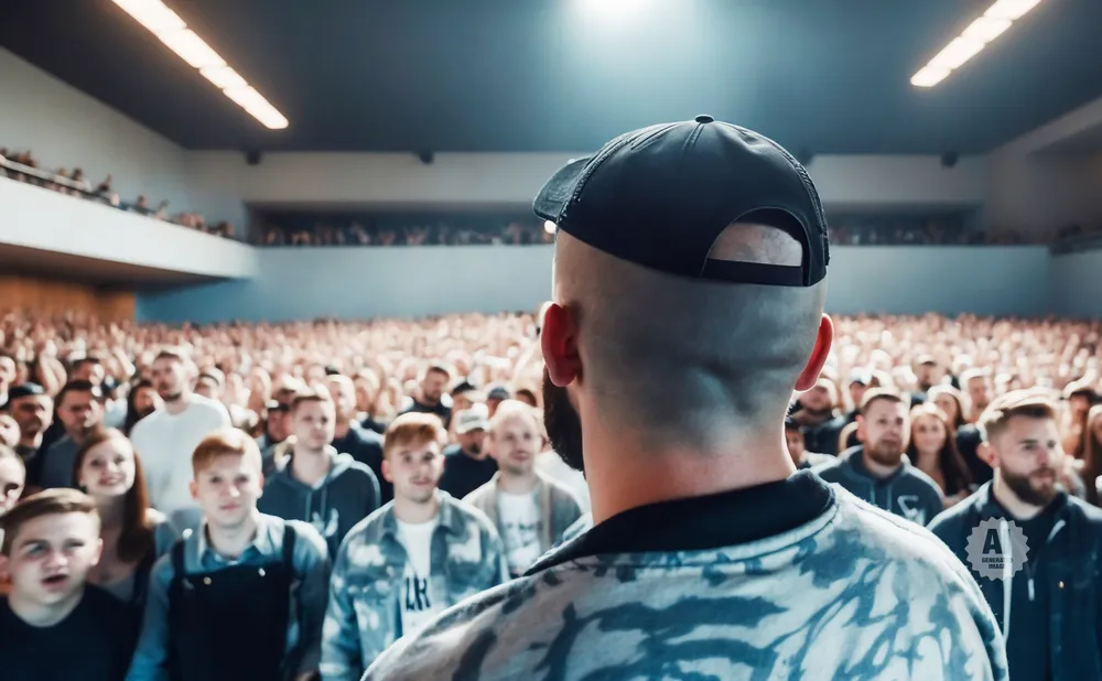 A man with a baseball cap and shaved head faces a large, attentive audience in a modern hall.