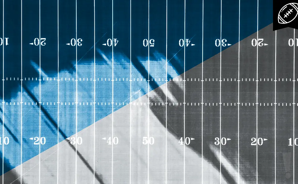 American football field markings on a blue and gray background, with a football icon in the upper right corner.