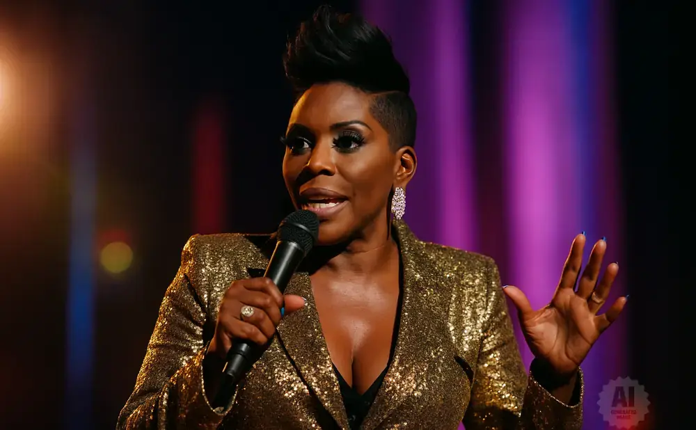 Comedian Sheryl Underwood in a gold sequined jacket, holding a microphone and speaking on stage.