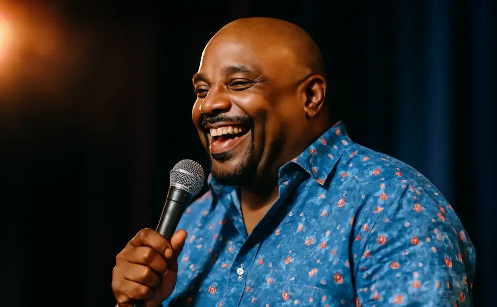 A bald Black man with a goatee laughs heartily while holding a microphone, wearing a blue shirt with a floral pattern.