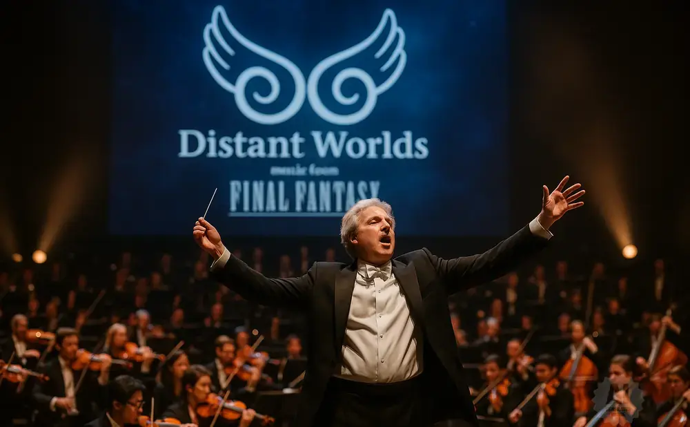A conductor leads an orchestra on stage with a 