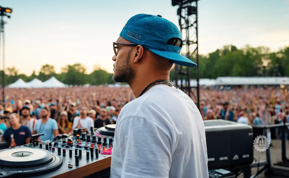 DJ in blue hat and white shirt plays music for a large crowd at an outdoor concert.