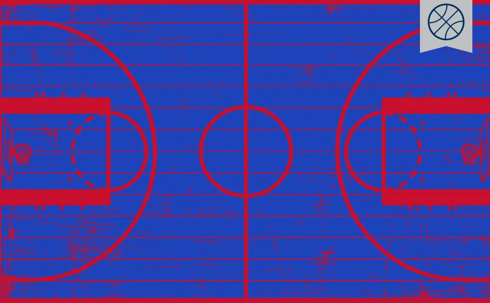 A red and blue graphic of a basketball court with a basketball icon in the top right corner.