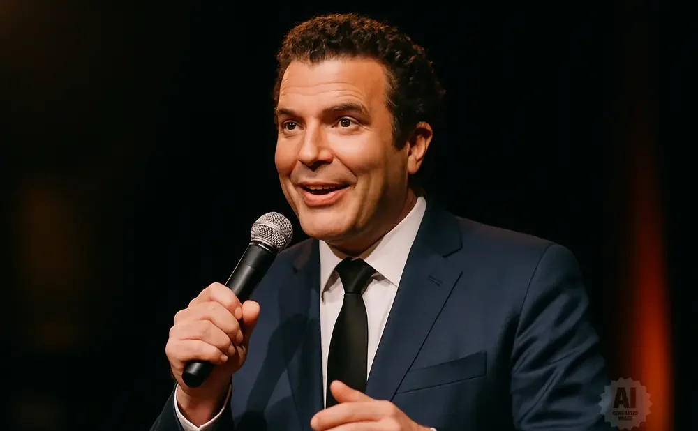 A man in a dark suit and black tie holds a microphone and smiles.