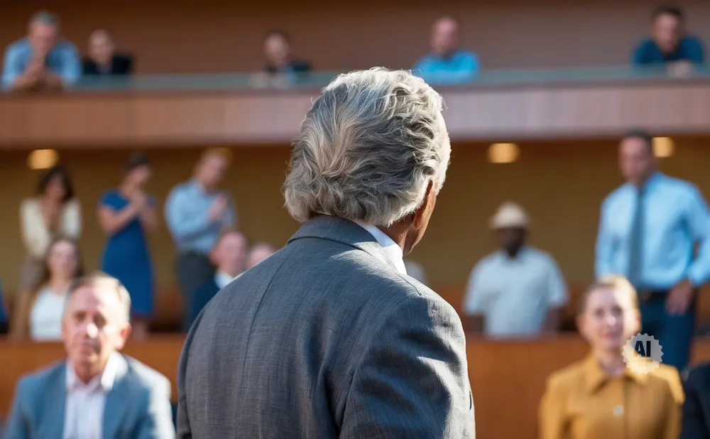 Man with gray curly hair in a suit speaks to an audience in an auditorium.