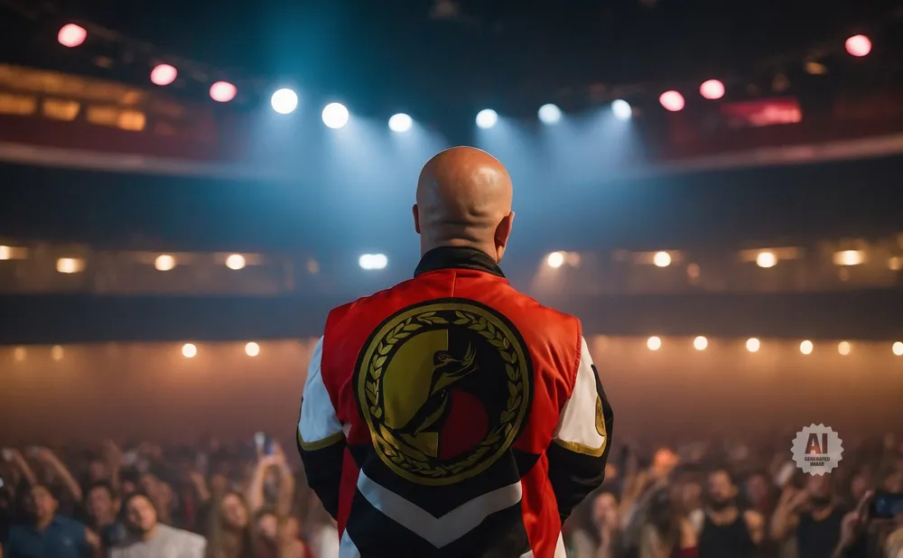 Bald man in a red, black, and white jacket with a circular emblem on the back, stands on a stage facing an audience.