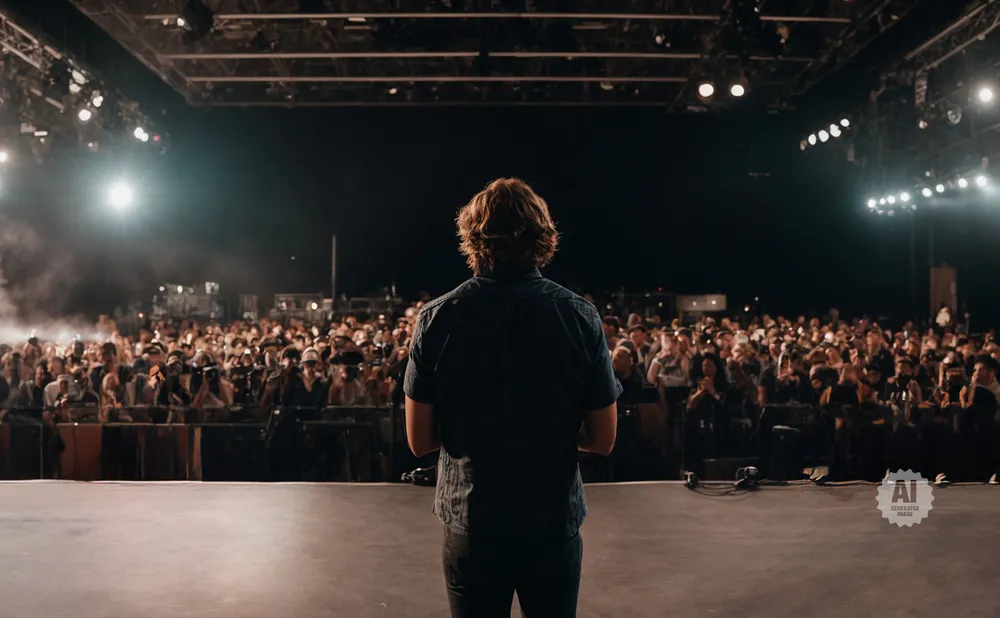 A person stands on a stage facing a large, cheering crowd under bright stage lights.
