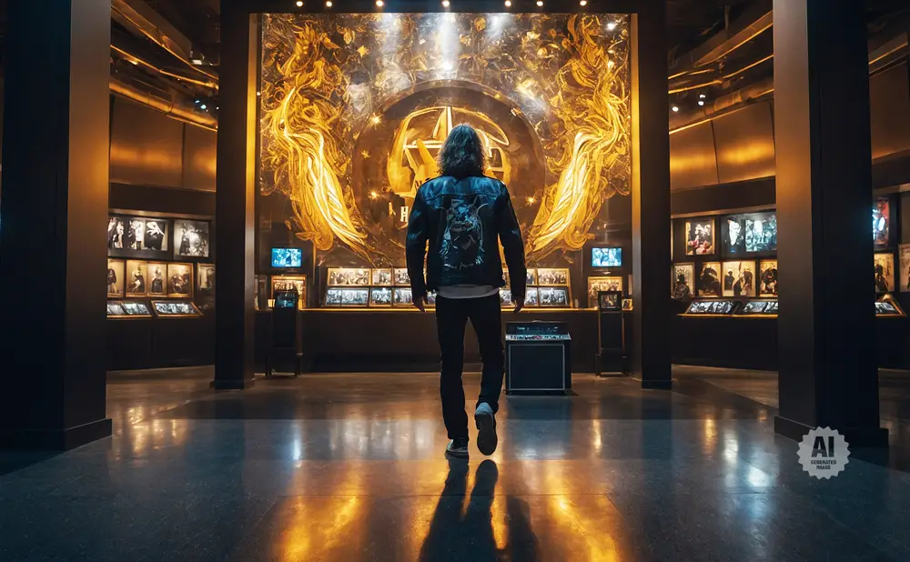 Man in leather jacket walks toward a large golden circular art piece in a museum.