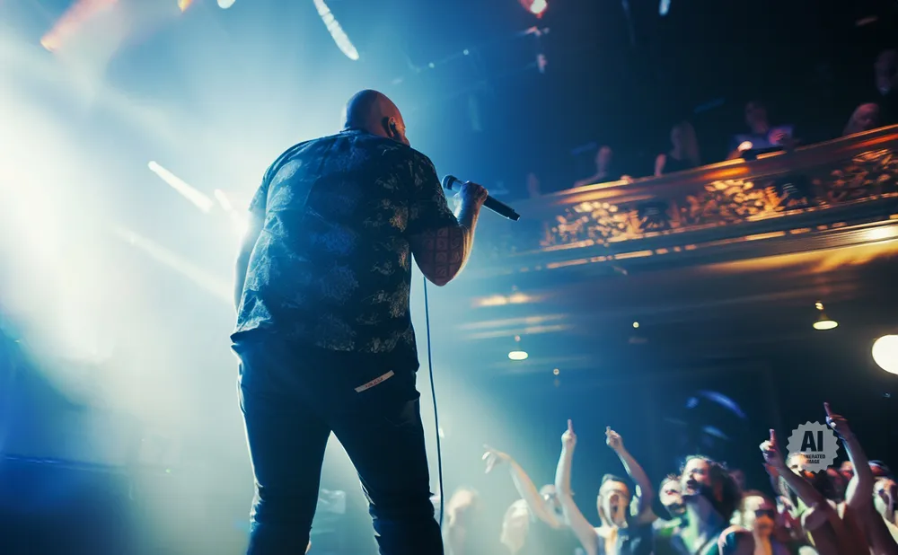 A singer on stage holding a microphone, with a spotlight shining on him and a crowd cheering.