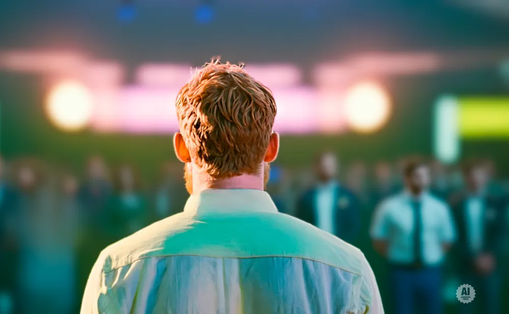 Man with short, tousled red hair seen from behind, facing a blurred audience with bright lights.