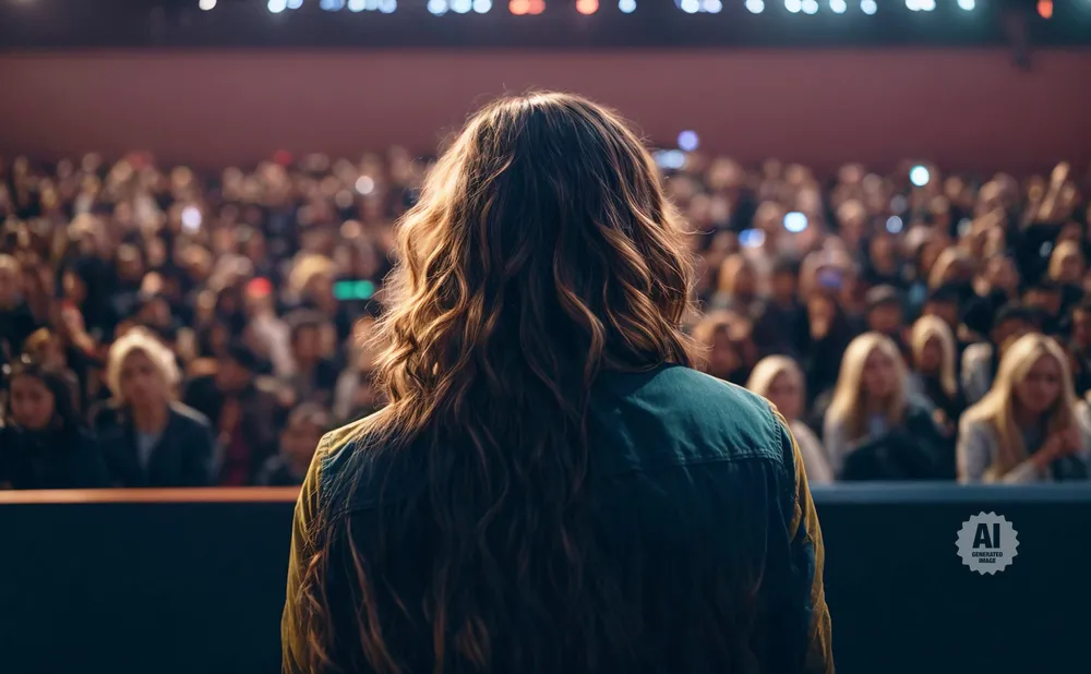 A person with long, wavy hair stands with their back to the camera, facing a blurred audience in a theater.