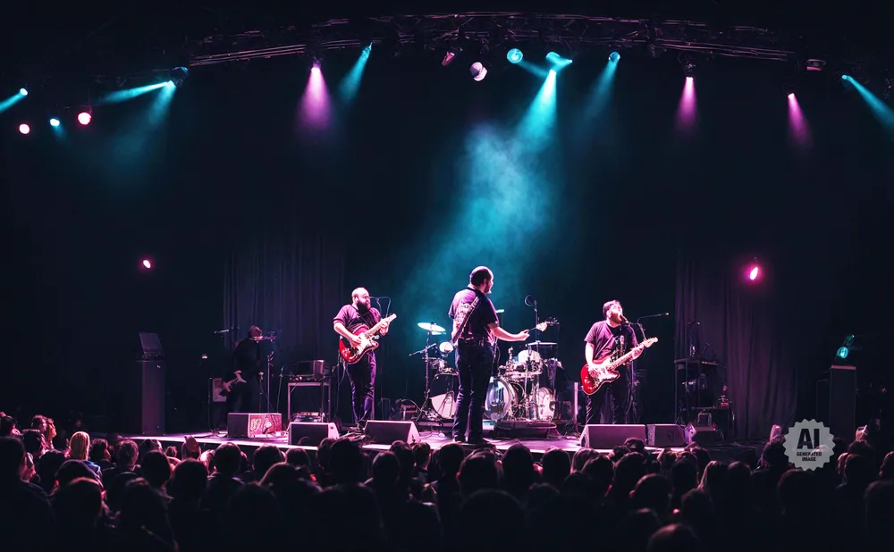 A band performs on a dimly lit stage with purple and blue spotlights.