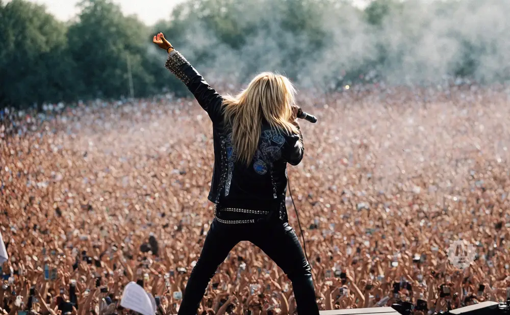 Singer with long blonde hair in a black studded jacket and pants, singing into a microphone with a large crowd cheering.