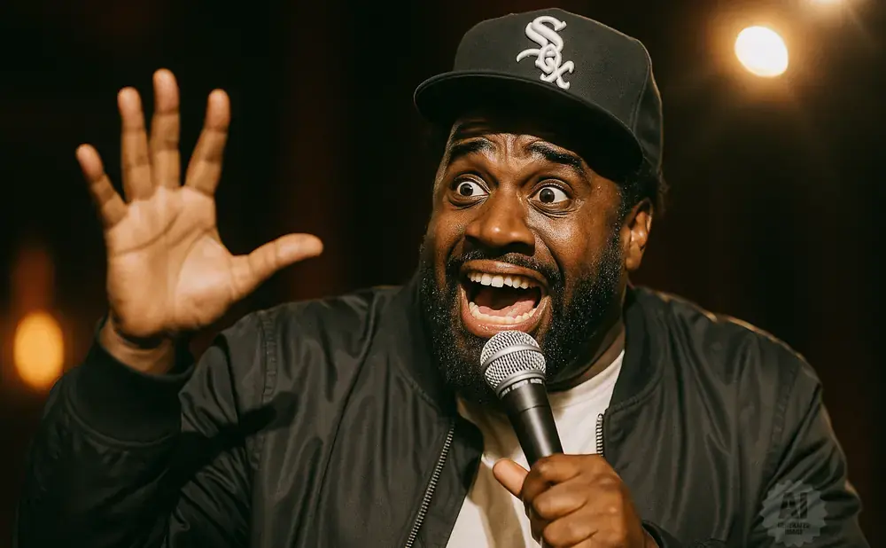 A Black man wearing a black baseball cap and jacket, holding a microphone and gesturing with his hand.