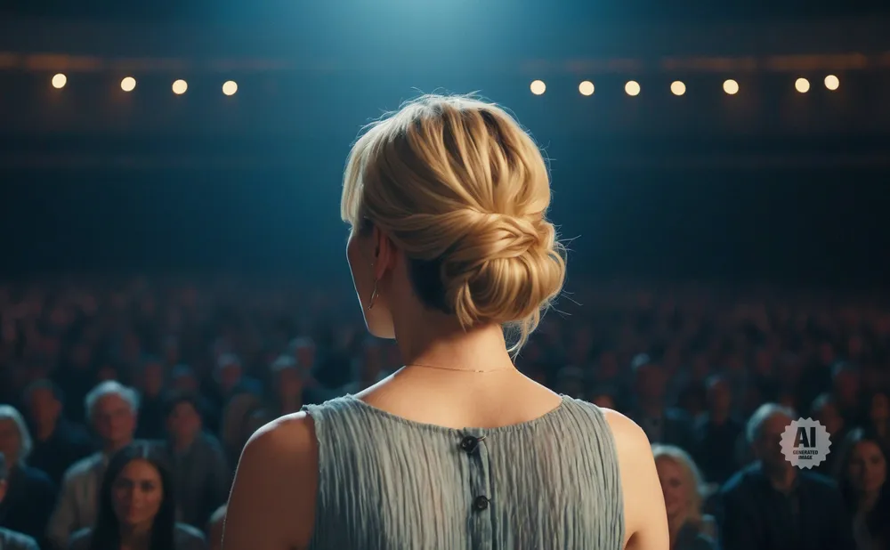Back view of a blonde woman in a blue dress speaking to an audience, lit by stage lights.