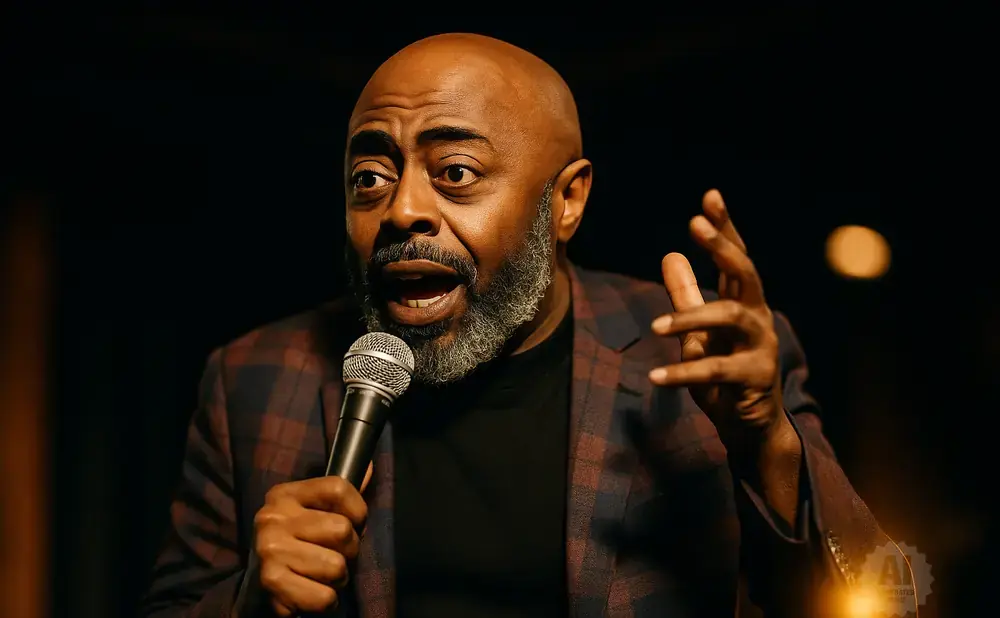 A bald Black man with a gray beard speaks into a microphone, wearing a plaid jacket.