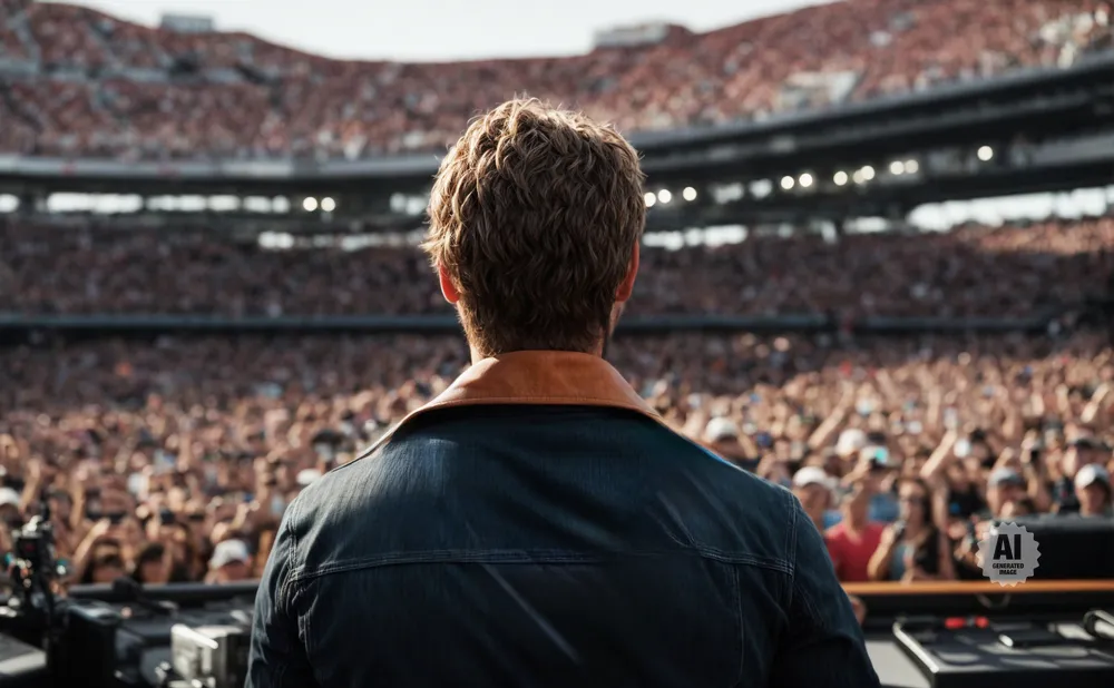 Man in denim jacket with brown collar facing a large, cheering stadium crowd.