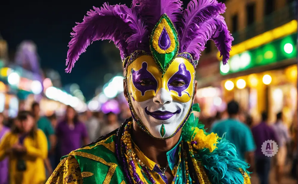 A person in a colorful Mardi Gras mask and costume stands in a crowd at night, with blurred lights in the background.