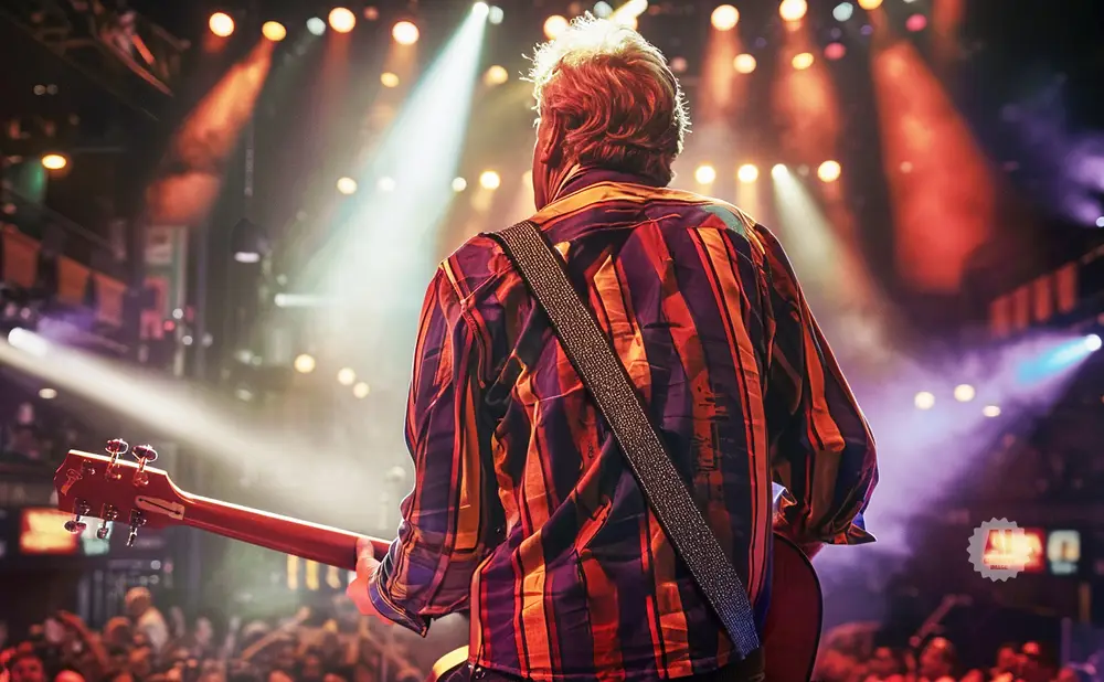Musician playing guitar on stage with bright lights and a cheering crowd.