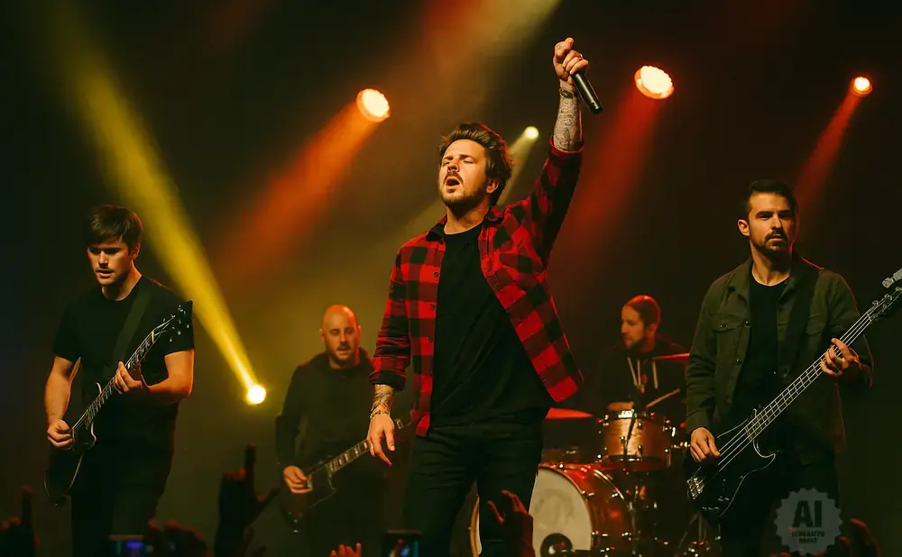 A band performs on stage with a singer in a red plaid shirt holding a microphone up.