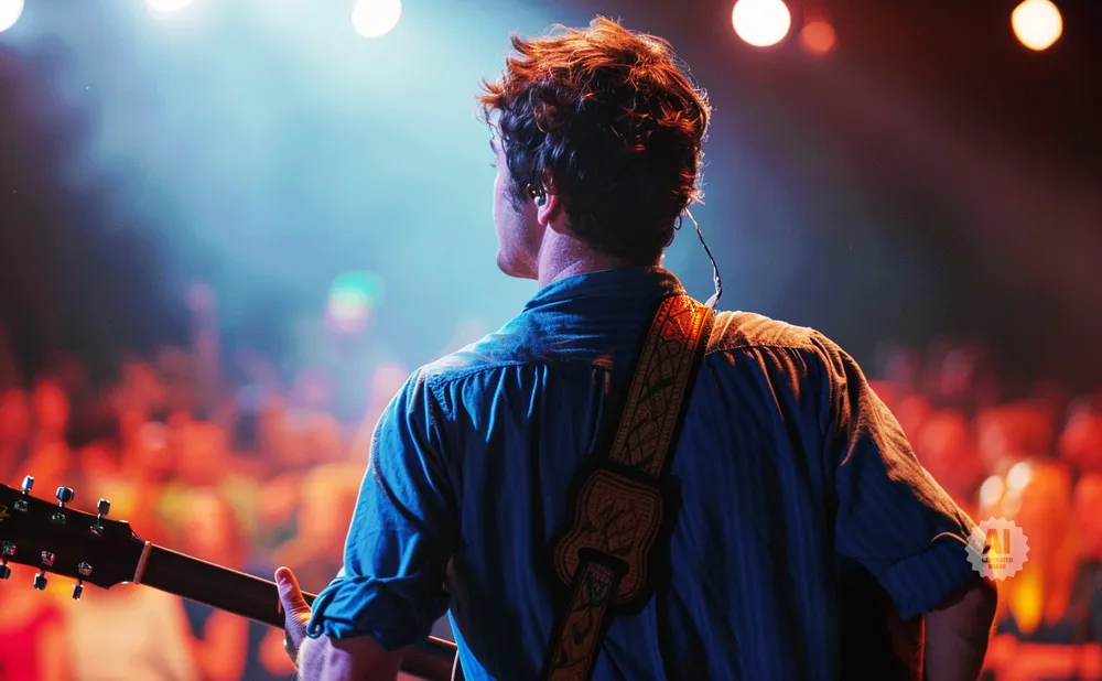 A man plays guitar on stage with a blurred audience in the background.