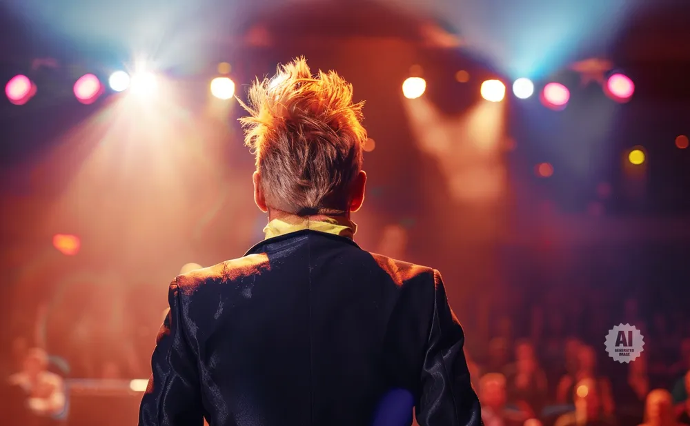 Back view of a person with spiky blonde hair on a stage, facing a blurred audience under bright stage lights.
