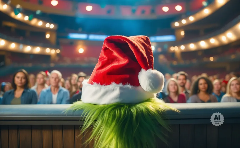 The Grinch in a Santa hat with bright green fur sits in front of a blurred audience in a theater.