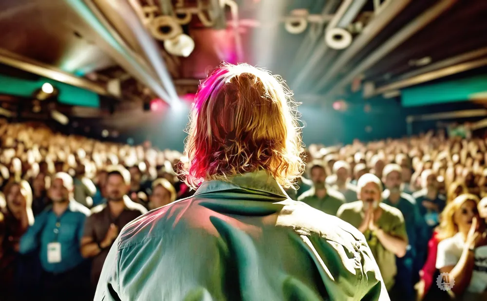 A person with pink-streaked blonde hair faces a large, blurred crowd in a concert venue, bathed in stage lights.