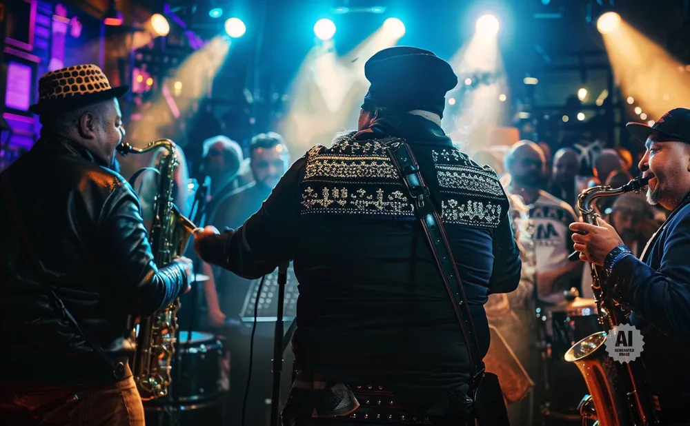 Musicians play saxophone and other instruments on a stage with colorful lights.