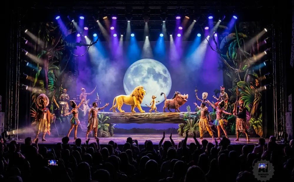 A lively stage performance of The Lion King with actors in animal costumes, puppetry, and live music.