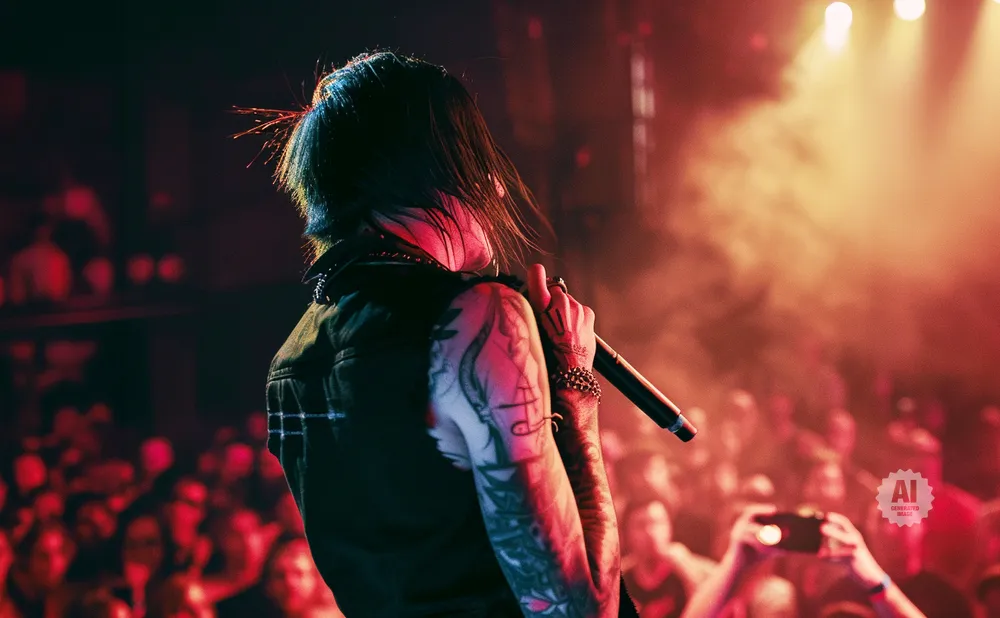 A musician with tattoos holds a microphone on a smoke-filled stage with a crowd in the background.